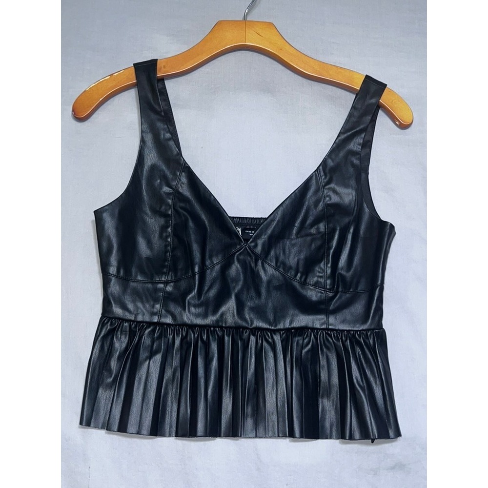 Zara Black Faux Leather Peplum Top V-Neck Smocked Back Sleeveless XS